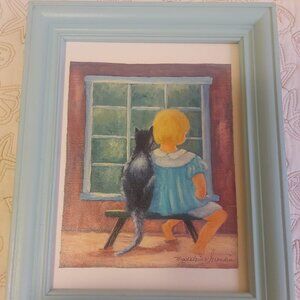 OTTAWA ARTIST M GRANDIN SIGNED  GIRL WITH CAT ON BENCH OIL PAINTING